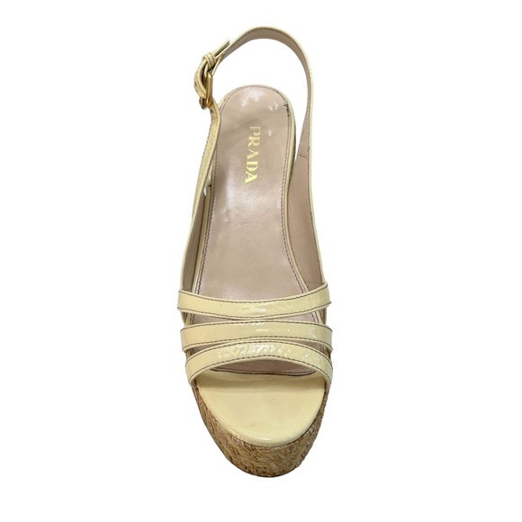 PRADA CREAM PATENT LEATHER WEDGE WOVEN RAFFIA PLATFORM SANDAL - Picture 5 of 16